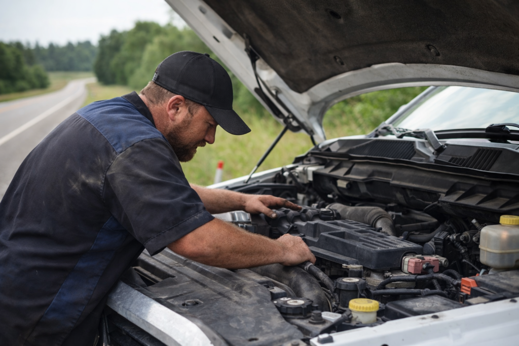 Polson MT mechanic performing a road side repair on a pickup truck