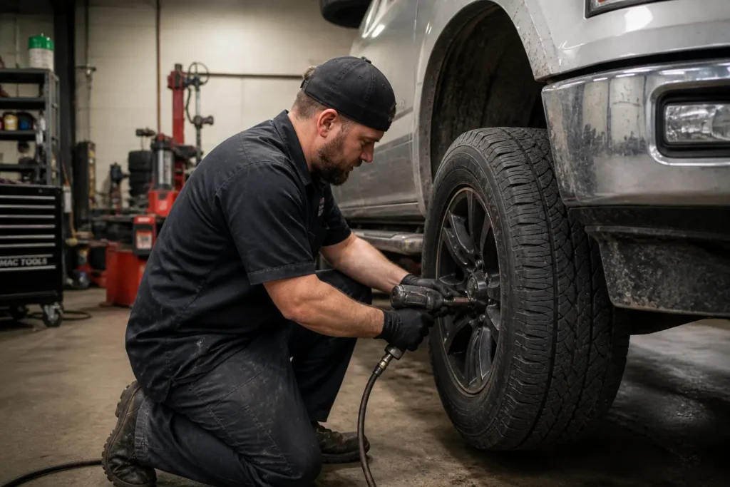 mechanic performing a tire service on a truck in polson mt